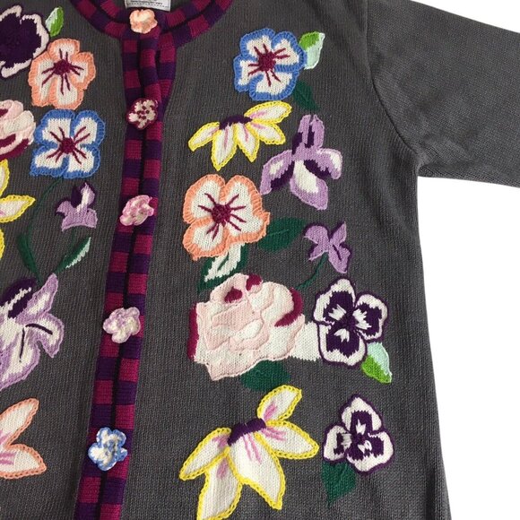 Storybook Knits Womens Embroidered Floral Cardigan Sweater Button Up Sz Large - Picture 9 of 13